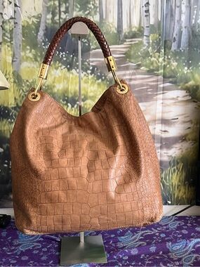 Michael Kors Braided-Handle Croc-Embossed Hobo Bag in Brown